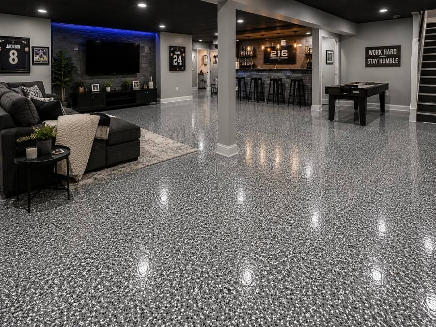 Glossy flake floor in a basement bar and game room